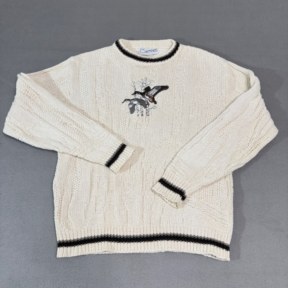 Carmel Sweater Mens L Cream Embroidered Duck Cotton Knit Cabin Outdoor USA